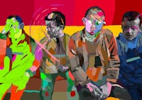 a painting of a group of men sitting on a couch