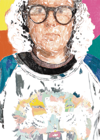 a portrait of a woman with glasses and a raccoon on her head