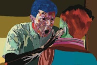 a painting of a man and a woman talking to each other