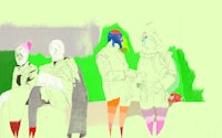 a drawing of a group of people sitting on a bench