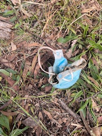 a blue plastic bag lying on the ground